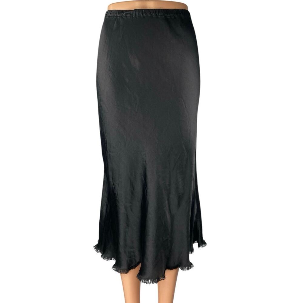 Pharaoh Riley Black Silky Satin Fringe Elastic Waist Pull On Midi A-Line Skirt 1